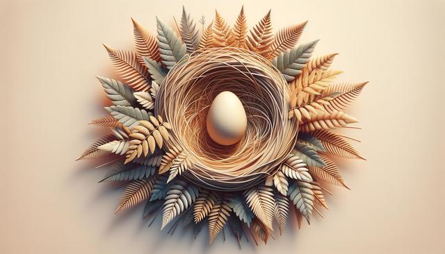 Egg in nest surrounded by arranged colored leaves on a soft background.