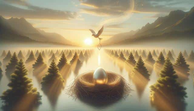 A mystical sunrise scene with a glowing egg in a nest, surrounded by trees and a bird flying above, casting golden light over a misty landscape.