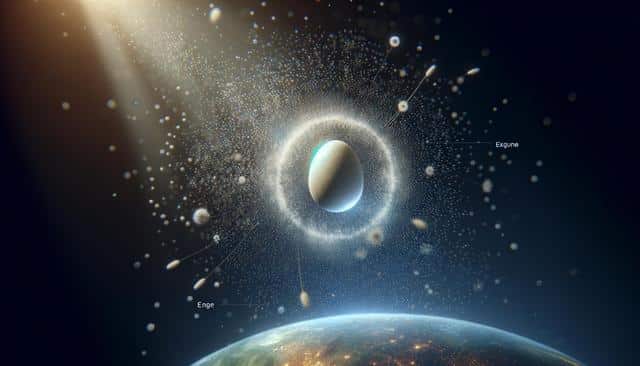 An egg-shaped object in space surrounded by particles and light, with a planet below.