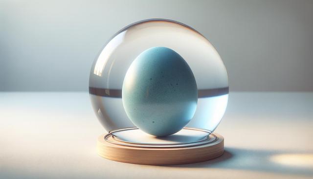 A blue egg inside a glass dome on a wooden base.