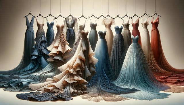Elegant, flowing gowns in diverse colors and styles on hangers.