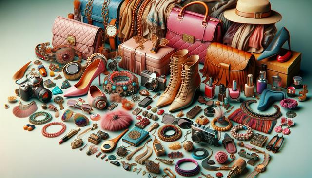 A colorful assortment of fashion accessories: handbags, high heels, scarves, jewelry, cameras, and beauty products arranged neatly.