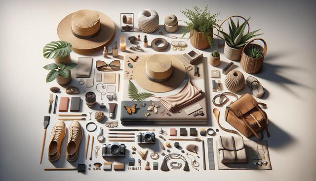 A neatly arranged flat lay of various travel essentials, including hats, plants, cameras, notebooks, sunglasses, shoes, and bags on a light background.