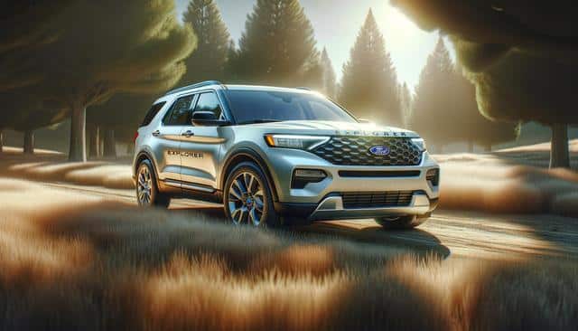 A silver SUV is parked on a sunlit dirt path surrounded by tall grass and trees.