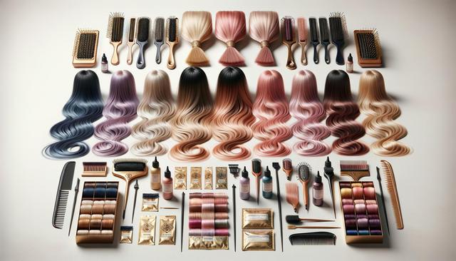 Hair products and accessories arranged neatly with colorful wigs and brushes on a flat surface.