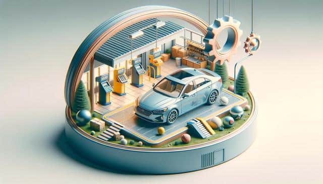 A futuristic diorama featuring a silver car in a mechanic workshop with oversized gears and machinery.