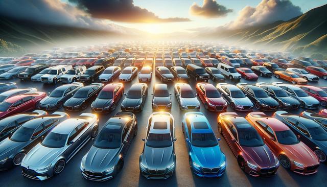 A large, colorful car dealership lot at sunrise with rows of vehicles stretching into the distance.