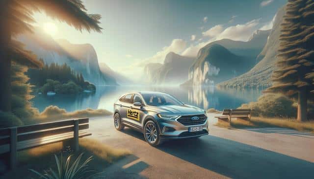 A silver SUV with a "Hertz" logo is parked by a scenic lake, surrounded by mountains and trees, under a warm sunlight.