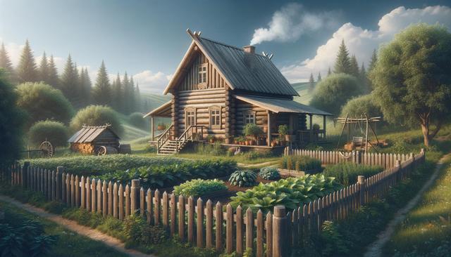 A cozy wooden cabin in a lush garden, surrounded by a picket fence, with trees and a swing in a rural setting.