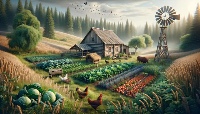A rustic farmhouse with lush vegetable gardens, chickens, a cow, a windmill, and a forest backdrop.
