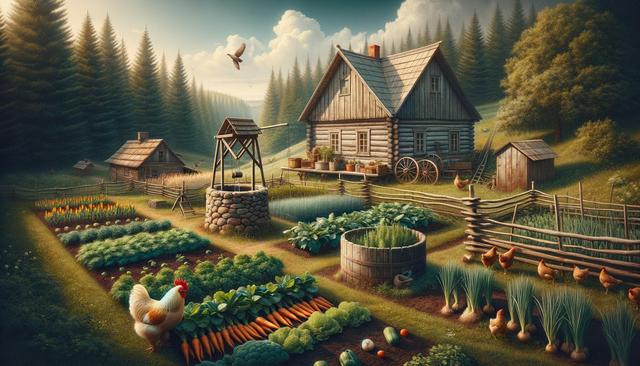 Rustic farmhouse with a lush vegetable garden, chickens, well, and wooden fences surrounded by pine trees.