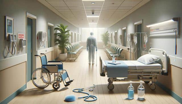 Hospital corridor with a bed, wheelchair, cleaning tools, and a figure in protective gear.