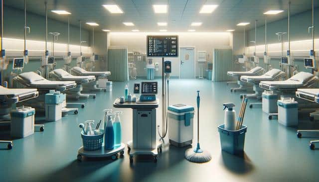 A clean, empty hospital room with medical beds, equipment, and cleaning supplies.