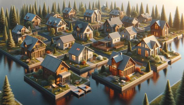 Aerial view of a cozy, lush neighborhood with houses surrounded by water channels and pine trees, under soft sunlight.
