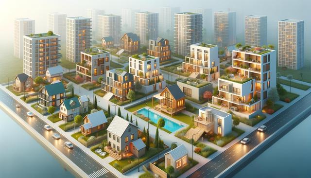Modern residential neighborhood with small homes, large buildings, lush gardens, and a central pool, surrounded by roads and cars.