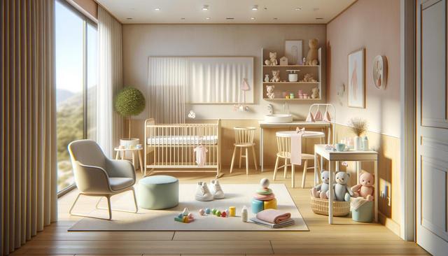Bright, cozy nursery with a crib, toys, and pastel decor. Large window on the left side.