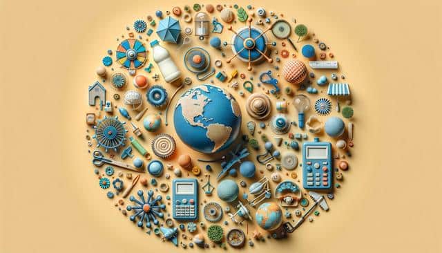 A globe surrounded by various science and technology-themed objects, in a circular arrangement on a light beige background.