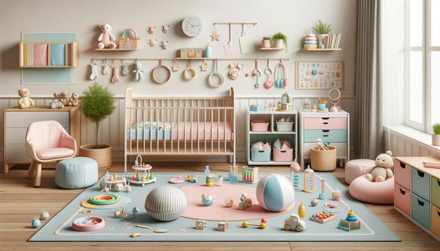 A pastel-colored nursery with a crib, toys, and stuffed animals scattered on the floor, and shelves displaying books and decorations.