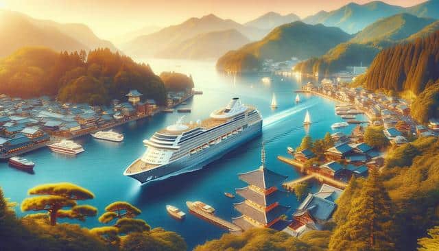 A cruise ship sails through a scenic mountain-lined bay, surrounded by traditional buildings and sailboats, under a golden sunset.