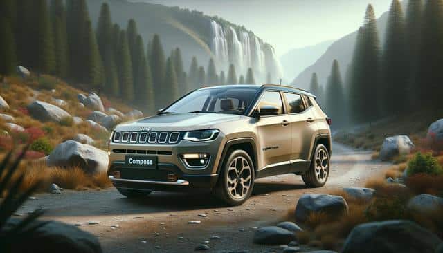 A Jeep Compass on a scenic mountain road with trees, rocks, and a waterfall in the background.