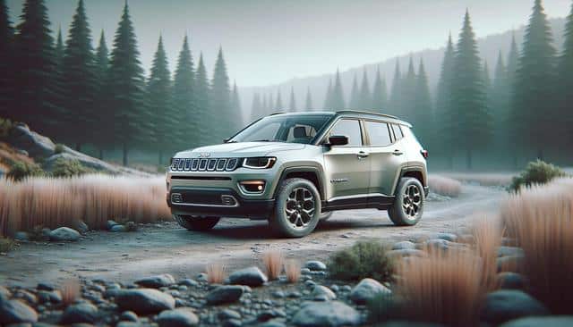 SUV on a rocky forest trail with misty trees in the background.