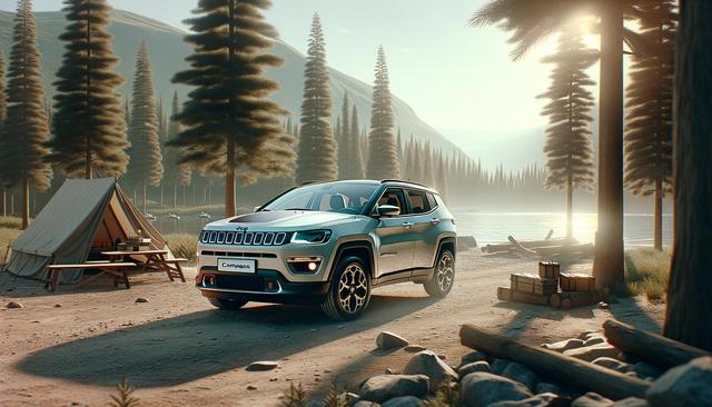 SUV parked in a serene lakeside campsite surrounded by tall trees, with a tent and picnic table nearby.
