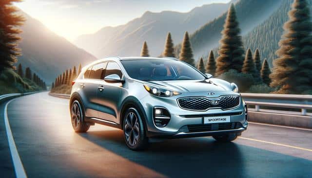 Silver SUV driving on a scenic mountain road surrounded by trees at sunrise.