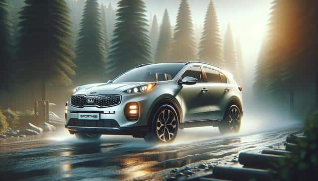 Silver SUV driving on a wet, misty road in a forest.