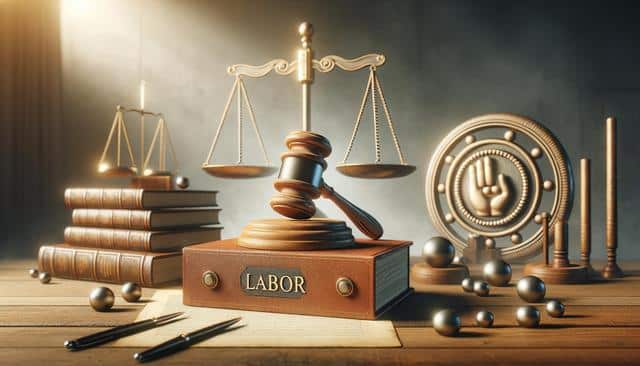 A gavel rests on a book labeled "Labor," surrounded by scales, books, pens, and metallic spheres on a wooden table.