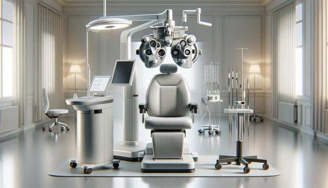 Modern eye examination room with chair, phoropter, and medical equipment.