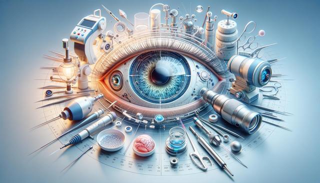 A large, detailed eye surrounded by various scientific and medical instruments.