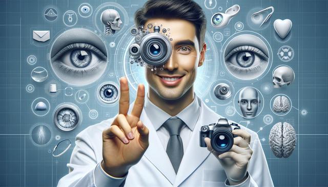 A smiling person in a lab coat holds a camera, with a digital eye lens on their face and futuristic eye imagery around them.