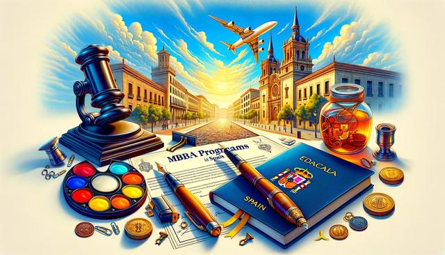A vibrant illustration of educational symbols like a gavel, books, paint palette, and a plane flying over a scenic European street.