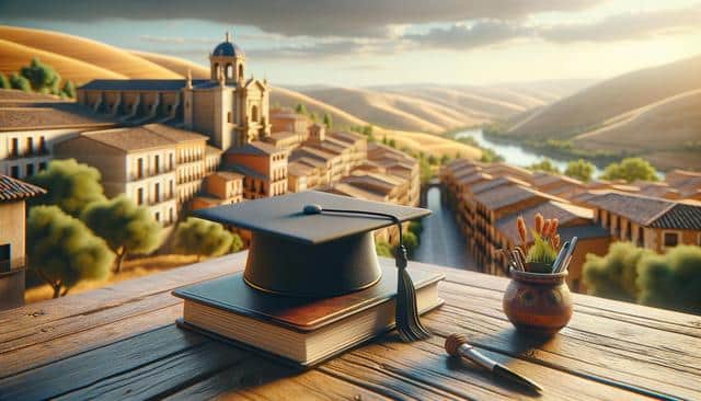 A graduation cap rests on books with a pen nearby, set against a scenic view of a sunlit hillside town and river.