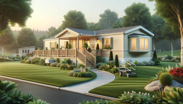 A cozy prefab home with a ramp and plants, set in a lush, green landscape at sunrise.