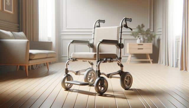 A wheelchair in a bright, modern living room with wooden floor and neutral decor.