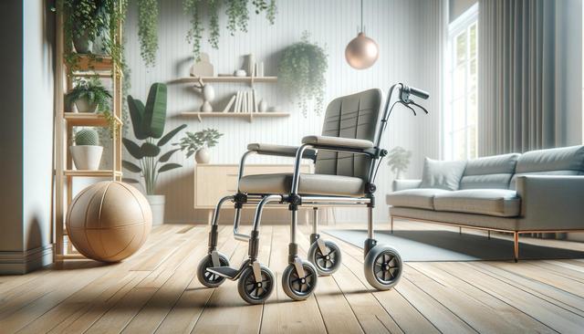 A wheelchair in a cozy, plant-filled room with wooden floors and a sofa.