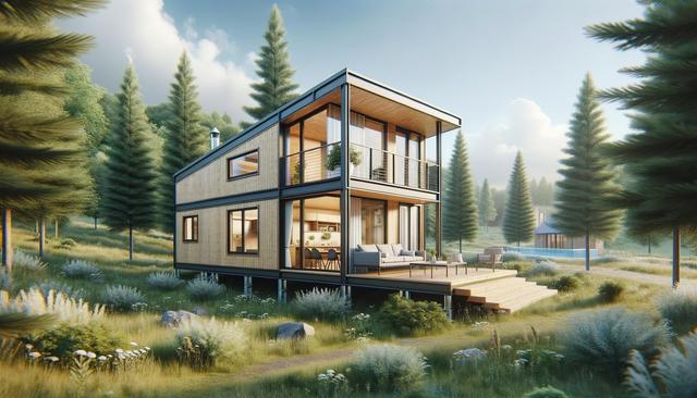 Modern house with large windows and balcony in a forested area, surrounded by tall trees and greenery, under a blue sky.