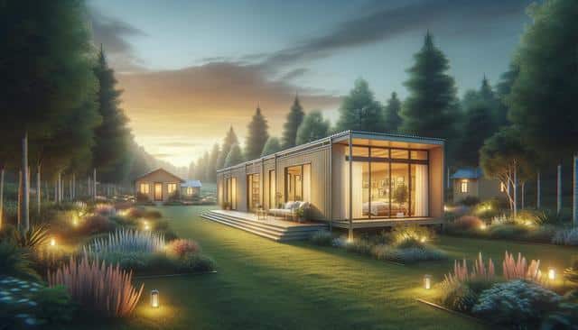 Modern house in a forested area at sunset, with warm lights and surrounding gardens.