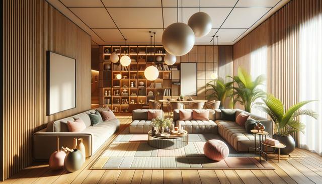 Modern living room with a large sectional sofa, colorful cushions, wooden accents, round coffee table, bookshelves, large plants, and globe pendant lights.