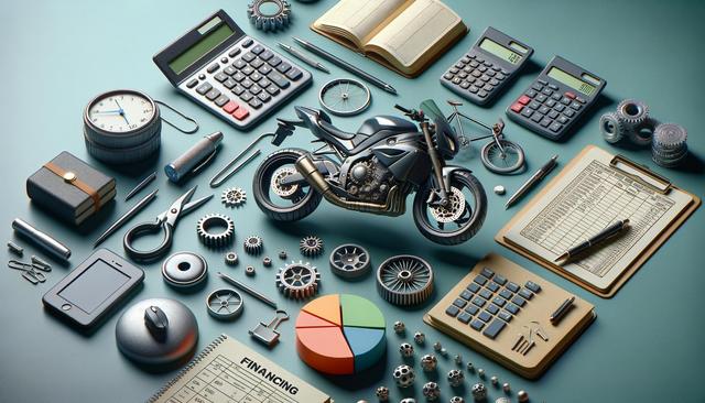A detailed arrangement of office supplies, mechanical parts, and a motorcycle model on a teal surface.