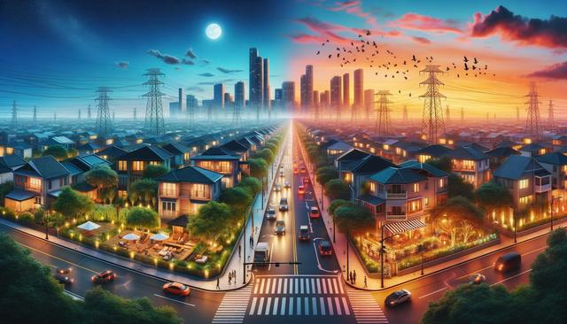 City split into night and day; houses and skyscrapers aligned under moon and sunset skies.