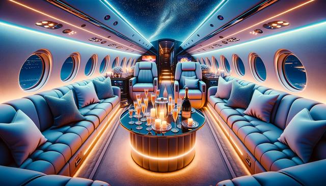 Luxurious private jet interior with plush seating, ambient lighting, a circular table with champagne flutes, and candles.