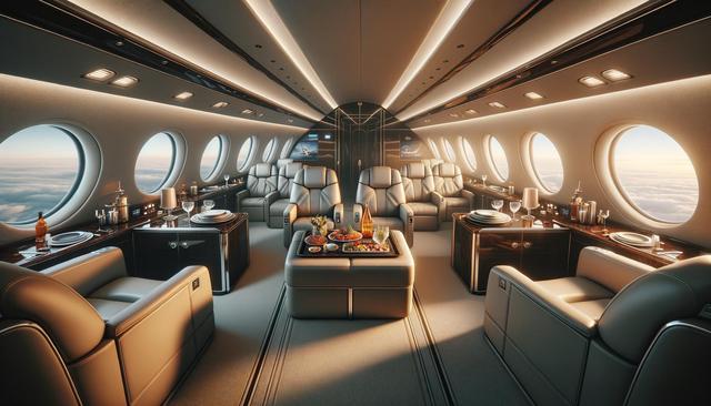 Luxurious private jet interior with leather seats, elegant dining setup, and ambient lighting.