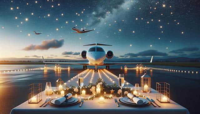 Luxury plane on a lit runway under starry sky with elegant outdoor dining setup.