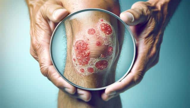 A magnifying glass shows detailed, red, scaly skin patches on a knee.