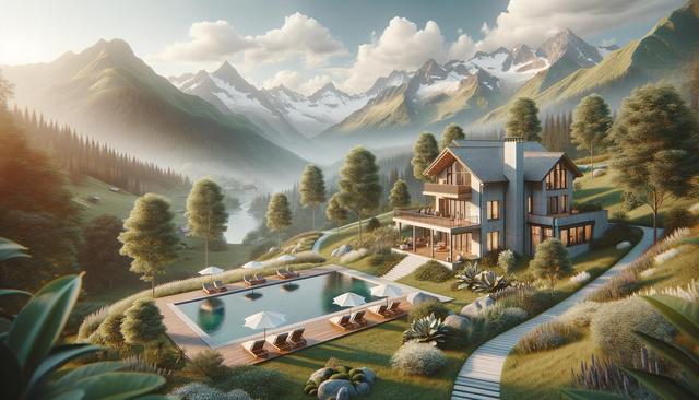 A modern lakeside home with a pool, surrounded by trees and mountains under a cloudy sky.