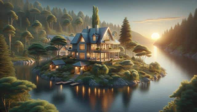 A serene lakeside scene at sunset, featuring a large house surrounded by trees and water, with soft golden light.