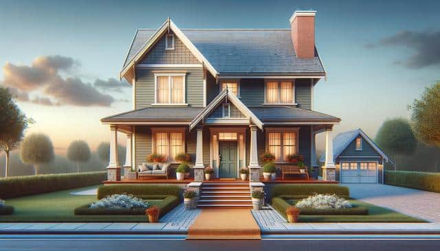 Two-story house with porch, well-kept garden, trees, and garage.