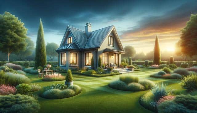Cozy house at sunrise, surrounded by a lush, manicured garden with trees and hedges.